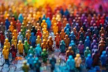 Obraz premium A vibrant display of colorful, blurred miniature figurines resembling a bustling crowd, conveying the hustle of urban life