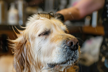 Cane viene lavato con cura durante una visita al salone di toelettatura	 - 771694090