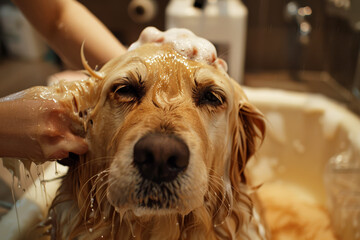 Cane viene lavato con cura durante una visita al salone di toelettatura	 - 771694097