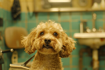 cane viene spazzolato con cura durante una visita al salone di toelettatura - 771694098