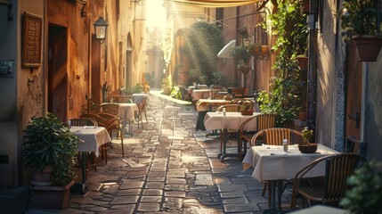 Tipico ristorante italiano nel borgo medievale - obrazy, fototapety, plakaty