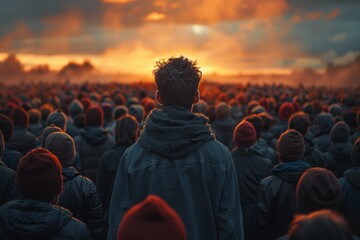A single person stands among a crowd with their back toward the viewer, witnessing a striking sunset, evoking feelings of reflection - obrazy, fototapety, plakaty