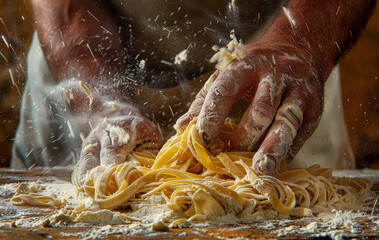 Artigianalità e maestria dei gesti nella preparazione della pasta fresca, con i dettagli delle mani che lavorano l'impasto e lo modellano con cura - 771694647