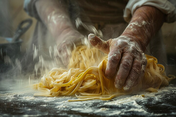 Artigianalità e maestria dei gesti nella preparazione della pasta fresca, con i dettagli delle mani che lavorano l'impasto e lo modellano con cura - 771694661