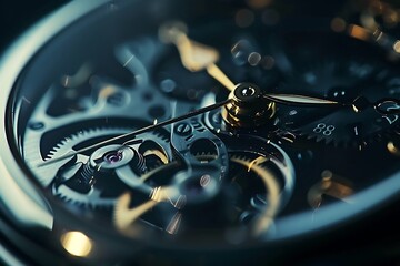 : A detailed shot of a mechanical watch, with contrasting gears and cogs against a sleek, polished surface, - obrazy, fototapety, plakaty