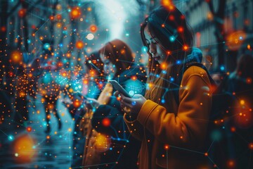 A faceless figure engages with a smartphone amidst vibrant neon network connections, metaphor for the digital age and connectivity