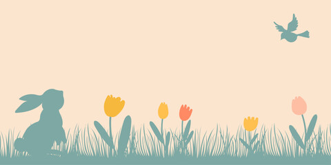 Easter background with bunny and bird. Green spring background with place for text. Vector illustration with grass. 