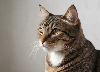 Fototapeta premium A graceful tabby cat with striking patterns, sitting attentively with its gaze fixed intently ahead.