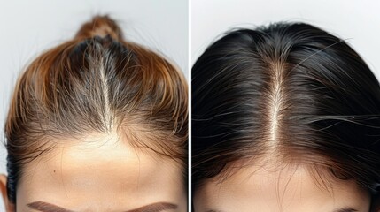 Obraz premium Comparative analysis of hair color transformation showcasing before and after results in hairstyling