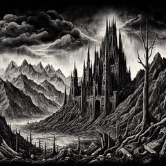 Gothic Fantasy A Dark Enchanted Castle Amidst Rugged Mountains and Stormy Skies.