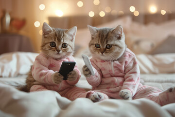 Two cute British shorthair kittens wearing pajamas and holding phones in their hands - obrazy, fototapety, plakaty