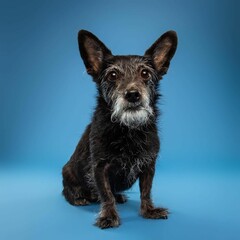
Beautiful terrier mix dog isolated on blue background. looking at camera . front view. dog studio portrait.happy dog .dog isolated .puppy isolated .puppy closeup face,indoors.blue background .