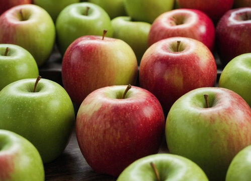 A close-up shot of a collection of fresh, recently harvested green and red apples.