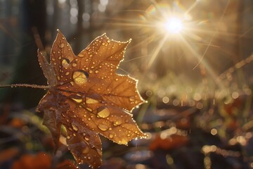 : A dew-covered leaf in the early morning with a soft, warm sunbeam reflection