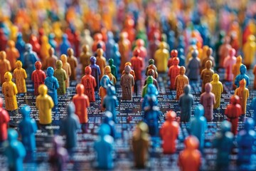 A vibrant multitude of miniature figures standing on a blue surface with a sense of community and diversity