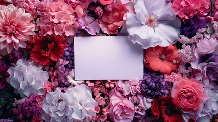 mockup of a white sheet of paper lies in landscape format on a sea of pink, purple and red flowers of beautiful colors