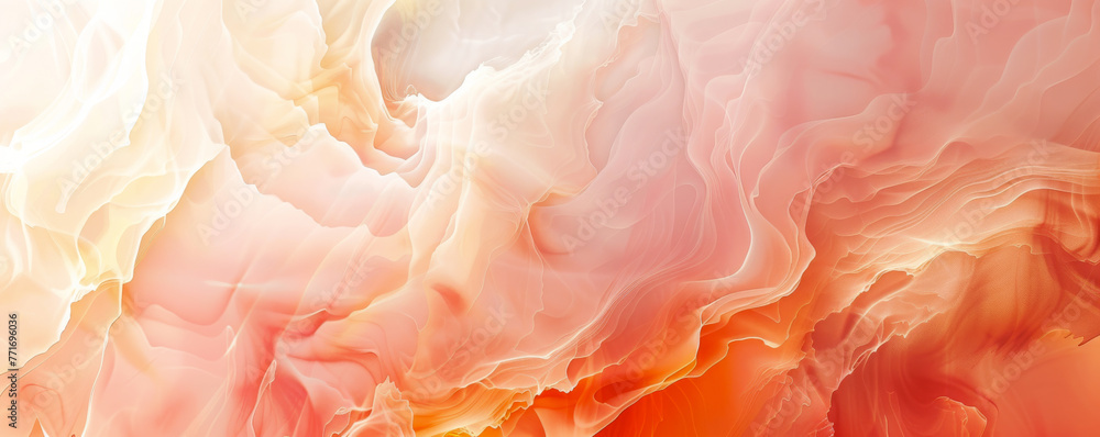 Poster abstract image displaying fluid and organic forms in blend of soft peach and vibrant coral colors. c