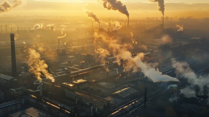 Aerial view of steel plant with smoke and air pollution, industrial area at sunset