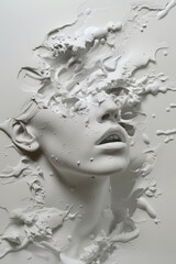 An abstract portrait with fluid white paint overlay, presenting blend of elegance. Surreal portrait of woman with dynamic white paint splashes, depicting beauty, chaos in abstract art form.