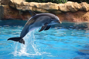 : A dolphin jumping out of the water, with a sense of joy and playfulness, under a clear blue sky