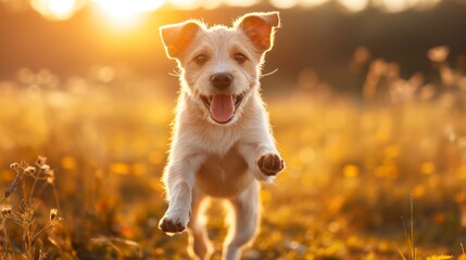 Joyful dog leaping, sunset backlight, vibrant, eye-level action shot - obrazy, fototapety, plakaty