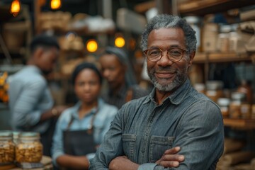 Confident senior man with crossed arms standing in a small grocery shop