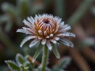Frost on the edges of an autumnal aster flower, generative AI