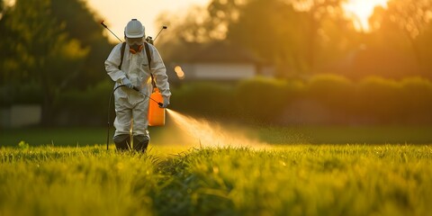Farmer wearing protective gear spraying pesticide on a lawn field to manage pests and weeds. Concept Agriculture, Pest Management, Protective Gear, Pesticide Spraying, Weed Control - obrazy, fototapety, plakaty