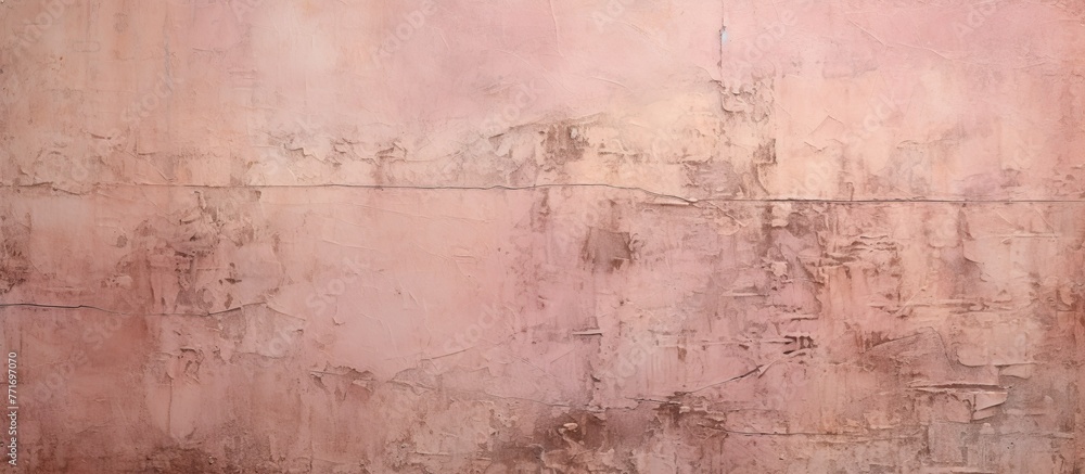 Sticker close up of a pink wall with numerous stains, creating a contrasting landscape against the hardwood 