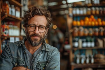 Confident mature man with curly hair and glasses stands with his arms crossed in a casual environment