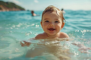 Fototapeta na wymiar Cheerful baby swimming in the ocean; summer vacation; sunny weather; happy baby 