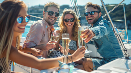 Happy friends having fun drinking Champagne at a yacht party