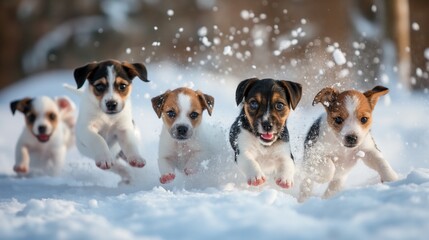 Playful pups in snow, high contrast, flurry, eye-level group portrait