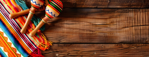A wooden table with a colorful serape and maracas - obrazy, fototapety, plakaty