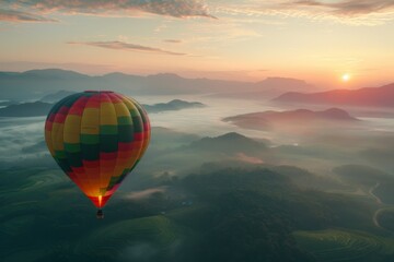 Fototapeta premium Colorful hot air balloon flying over misty mountains at sunrise, beautiful landscape background. Concept of travel and adventure with copy space. 