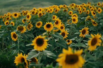: A field of sunflowers with contrast between the bright yellow flowers and the dark green leaves