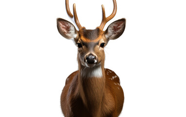 A close-up of a deer on a white background, showcasing its delicate features and graceful presence