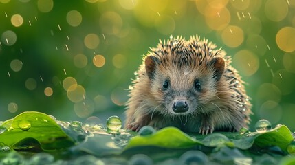 Tiny hedgehog on a leaf, macro shot, dewy morning, high detail - obrazy, fototapety, plakaty