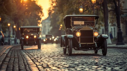 Vintage car parade, cobblestone street, dawn light, sepia tone, nostalgic