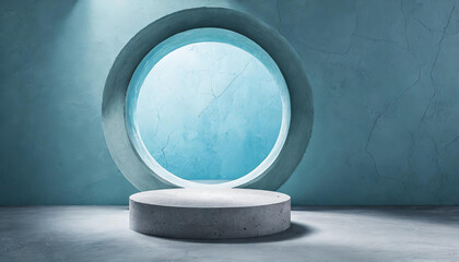 Geometric room with round podium for product presentation. Light blue concrete walls. Futuristic architecture