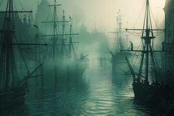 : A foggy harbor, with ships that have just set sail and others that are about to arrive - obrazy, fototapety, plakaty