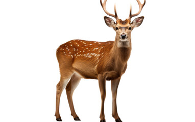 A majestic deer stands gracefully in front of a stark white background
