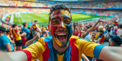 A selfie of an excited fan with face painted in the colors,