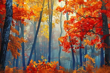 Deurstickers : A forest in the fall, with contrasting colors of orange, red and yellow leaves, © crescent