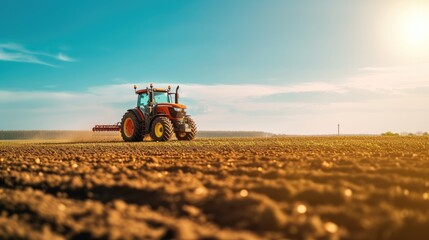 A modern tractor plows through an expansive agricultural field, preparing the soil for a new...