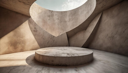Geometric room with round podium for product presentation. Brown-beige concrete walls. Futuristic...