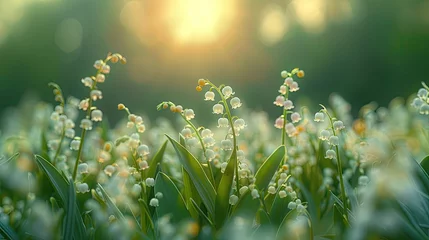 Fototapeten Glowing sunrise over a dew-kissed meadow of lily of the valley © Nataliya