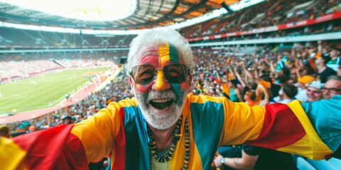 A selfie of an excited old senior male fan with face painted in the colors - obrazy, fototapety, plakaty