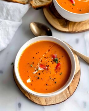 Roasted Butternut Squash and Red Pepper Soup in a white bowl placed on a round wooden coaster 
