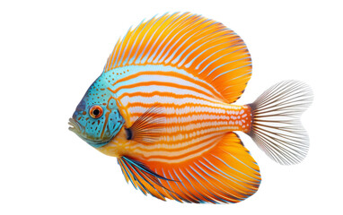 A vibrant yellow and blue fish gracefully swims against a crisp white backdrop